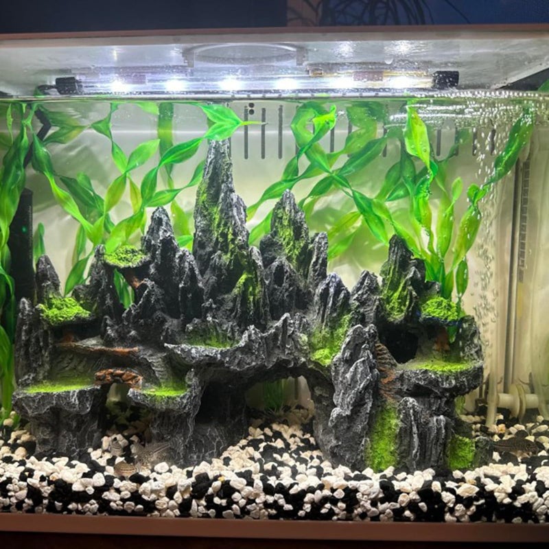 PakyKai Large Fish Tank Decorations, Mountain View Aquarium Ornament with Tree House Cave Bridge Artificial Plastic Plants Aquarium Decorations - Image 3